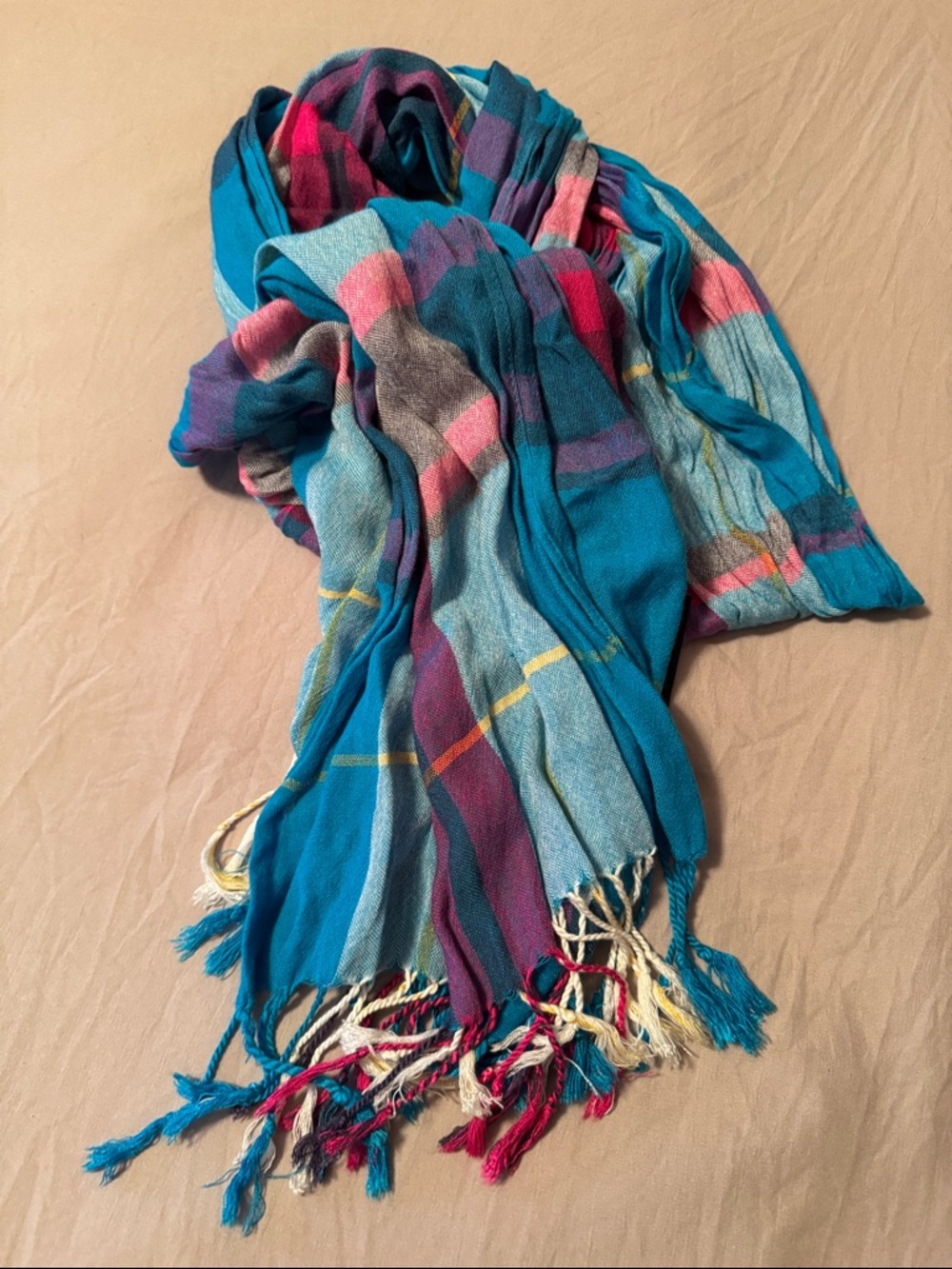 Bright Teal & Multicolor Plaid Fringe Scarf